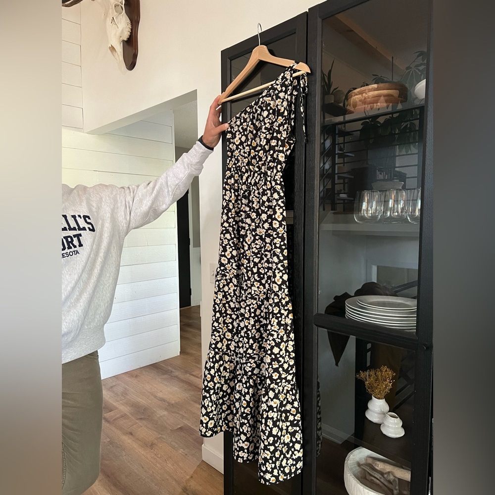 Asymmetrical long floral print dress. Size small in black, white and yellow